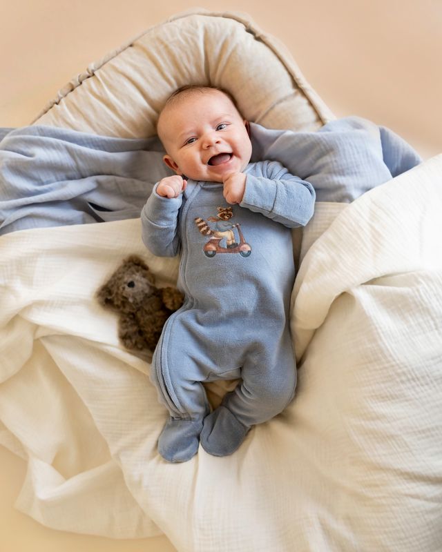 Alvin Velour Zip Onesie - Dusky Blue