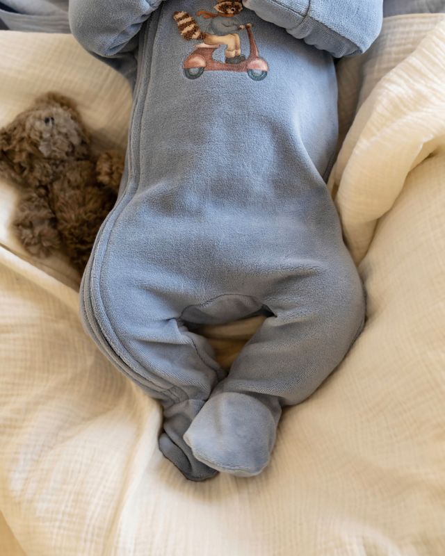 Alvin Velour Zip Onesie - Dusky Blue