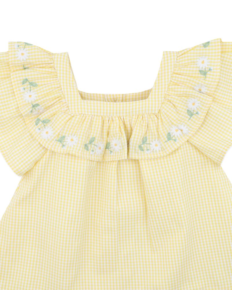 Libby Check Dress w Emb Yoke - Yellow Check