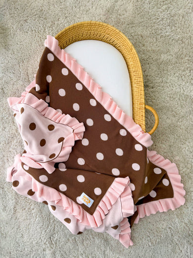Frill Knit Blanket - Choc Pink Polka