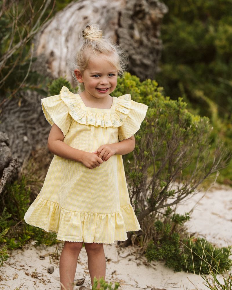 Libby Check Dress w Emb Yoke - Yellow Check