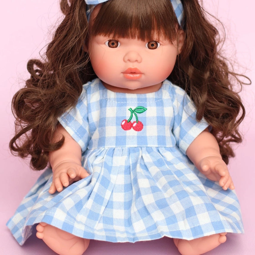 Dolls Sky Blue Cherry Gingham Chloe Dress + Bow - Fits 34-38cm