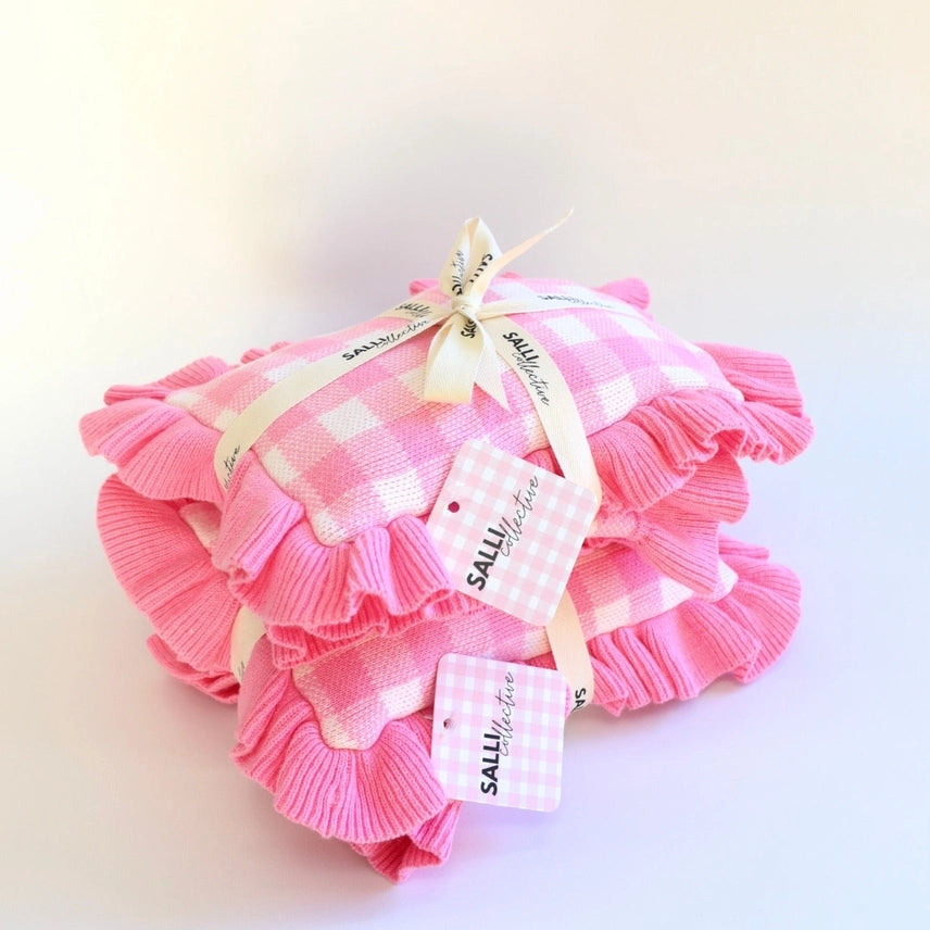 Frilled Tulip Pink Gingham Doll Blanket + Pillow Set