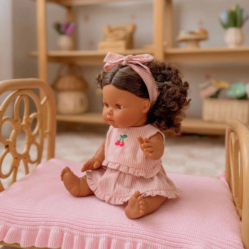 Dolls Vintage Pink & Ivory Frilled 3Pce  Set with Cherry  Embroidery - Fits 34-38cm