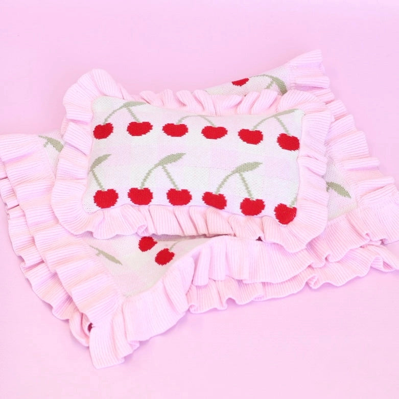 Dolls Frilled Gingham Cherry Blanket + Pillow Set