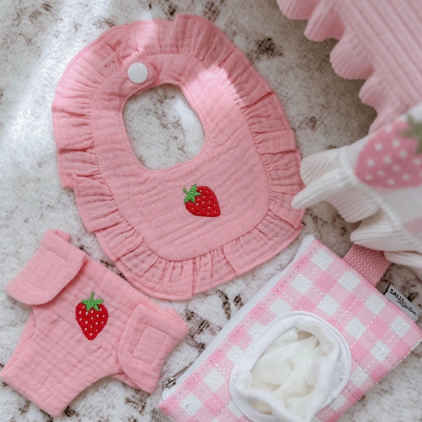 Dolls Strawberry Frilled Bib & Diaper Set - 34-38cm