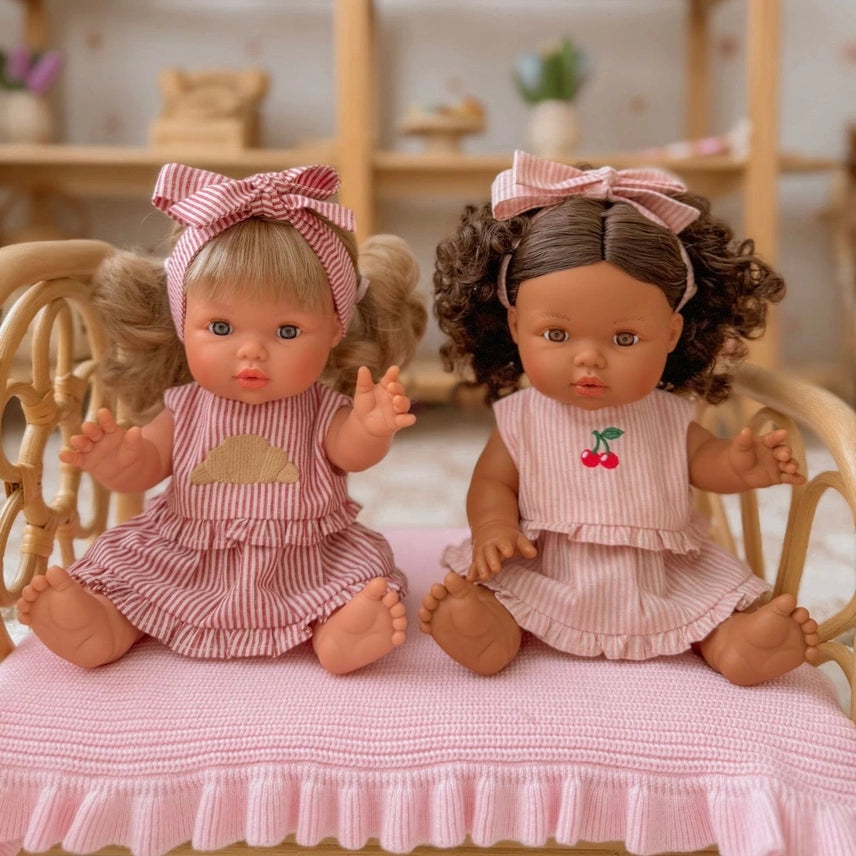 Dolls Vintage Pink & Ivory Frilled 3Pce  Set with Cherry  Embroidery - Fits 34-38cm