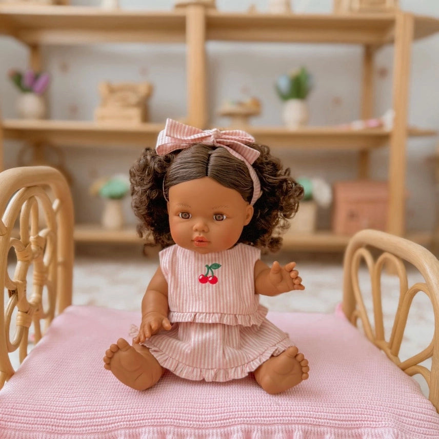 Dolls Vintage Pink & Ivory Frilled 3Pce  Set with Cherry  Embroidery - Fits 34-38cm