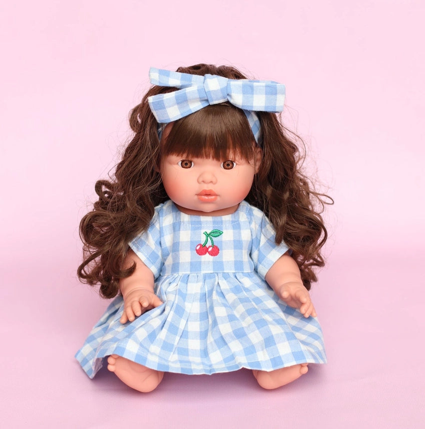Dolls Sky Blue Cherry Gingham Chloe Dress + Bow - Fits 34-38cm
