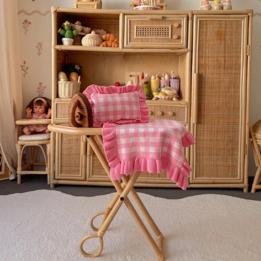 Frilled Tulip Pink Gingham Doll Blanket + Pillow Set