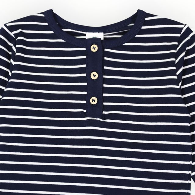 Striped Cotton Henley Top - Navy