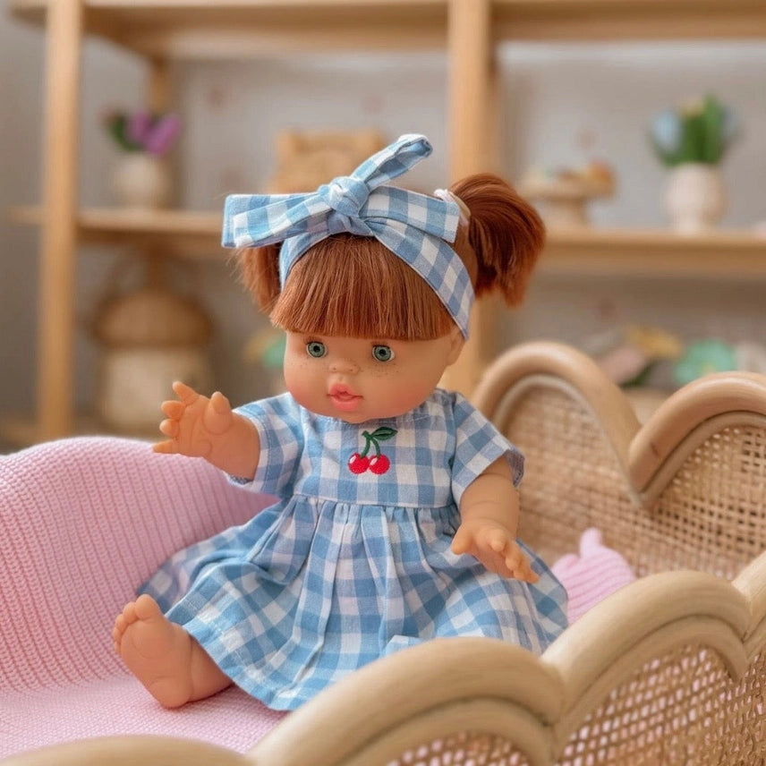 Dolls Sky Blue Cherry Gingham Chloe Dress + Bow - Fits 34-38cm