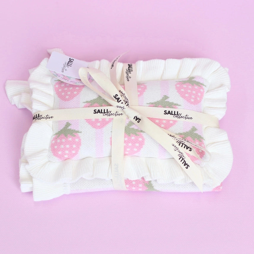 Strawberry Frilled Doll Blanket + Pillow Set