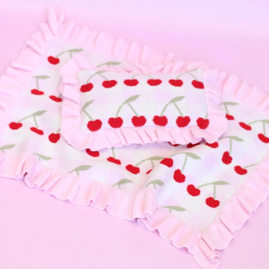 Dolls Frilled Gingham Cherry Blanket + Pillow Set