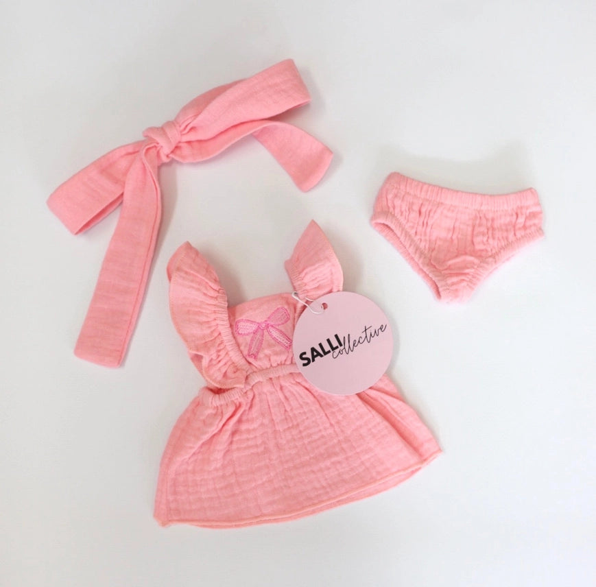 Petal Pink Dolls Bow Dress Headwrap and Bloomers - 3 Pce Set