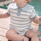Brady Knitted Polo Romper - Blue Stripe