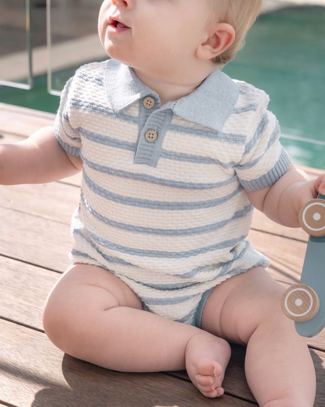 Brady Knitted Polo Romper - Blue Stripe