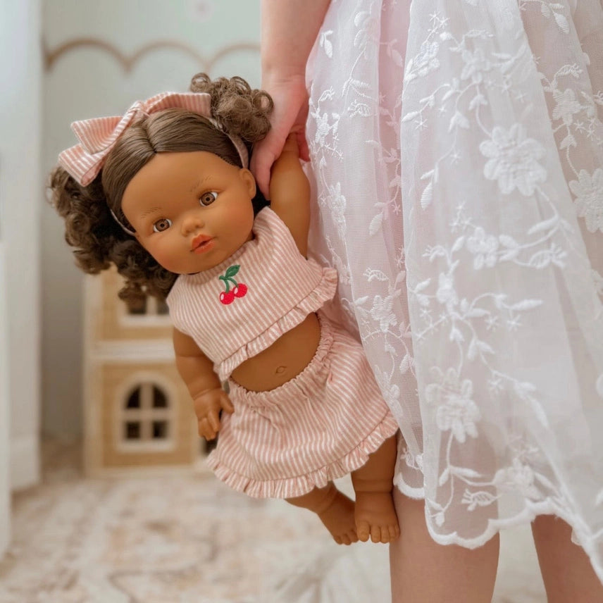 Dolls Vintage Pink & Ivory Frilled 3Pce  Set with Cherry  Embroidery - Fits 34-38cm