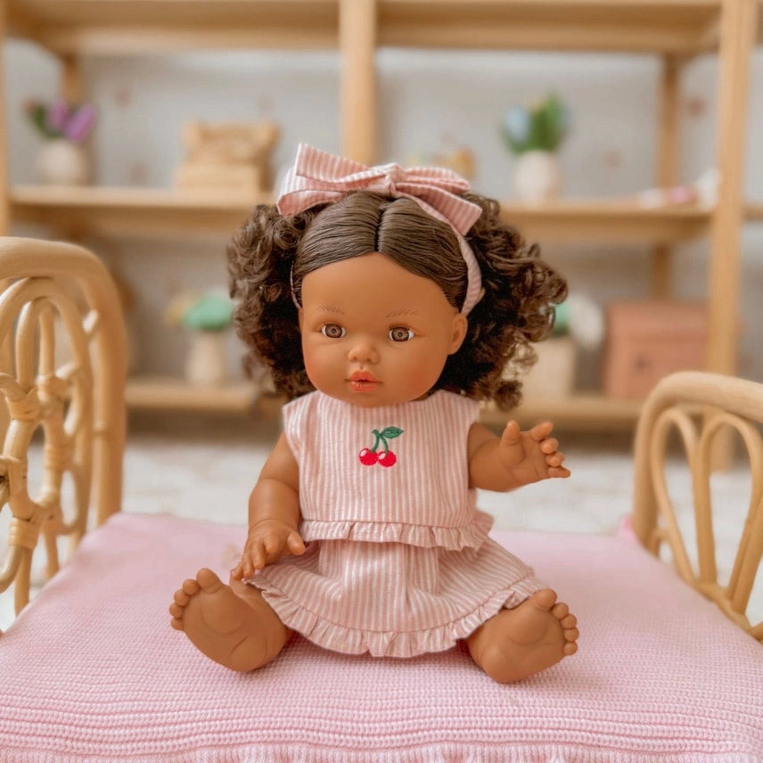 Dolls Vintage Pink & Ivory Frilled 3Pce  Set with Cherry  Embroidery - Fits 34-38cm
