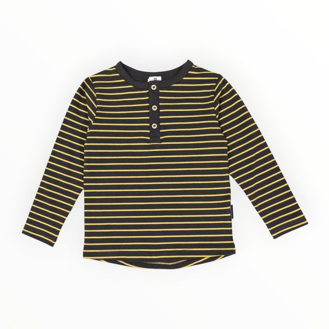 Striped Cotton Henley Top - Charcoal