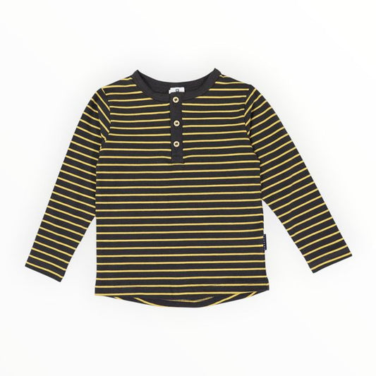 Striped Cotton Henley Top - Charcoal