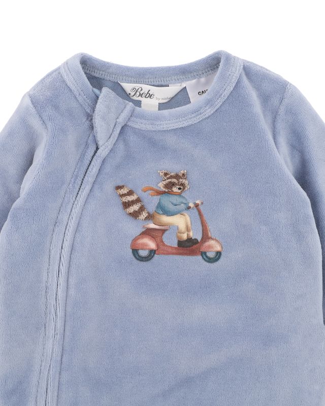 Alvin Velour Zip Onesie - Dusky Blue