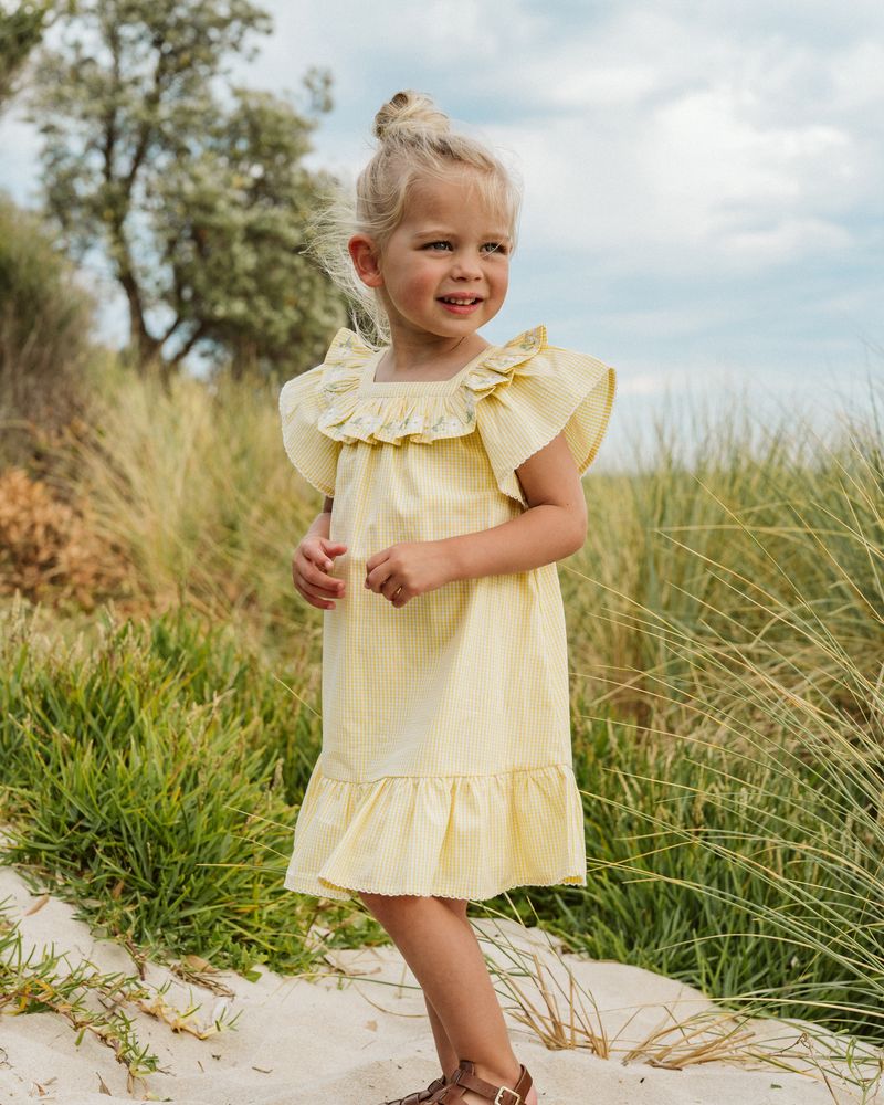 Libby Check Dress w Emb Yoke - Yellow Check