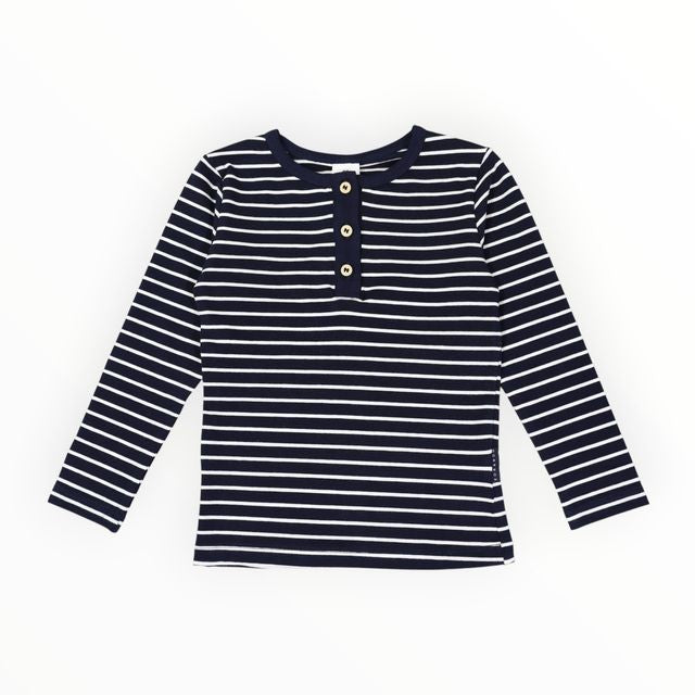 Striped Cotton Henley Top - Navy