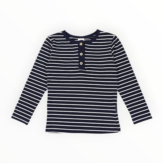 Striped Cotton Henley Top - Navy