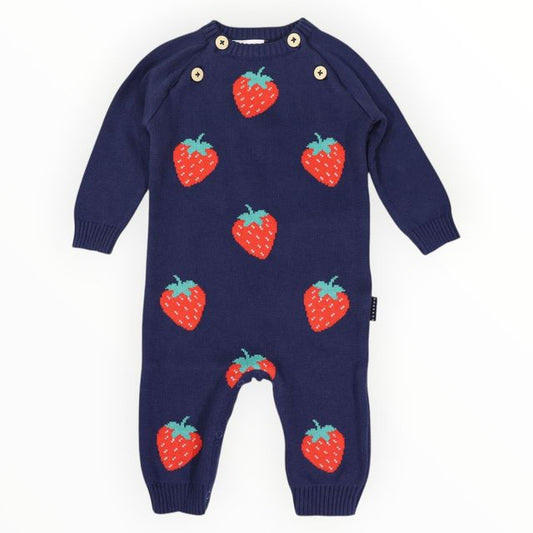 Strawberry Knit Romper - Navy