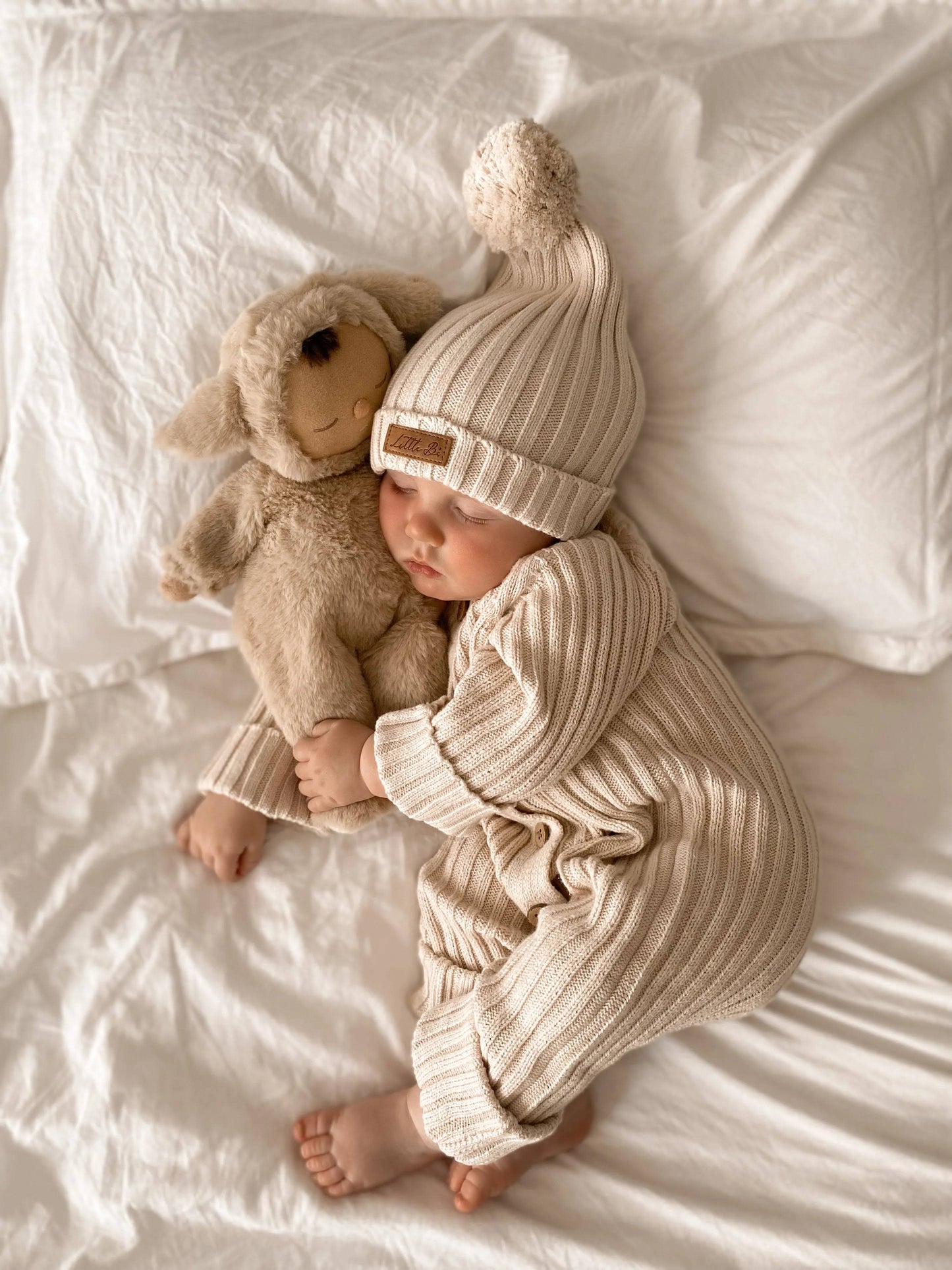 Knitted Cotton Ribbed Beanie - Honey Milk