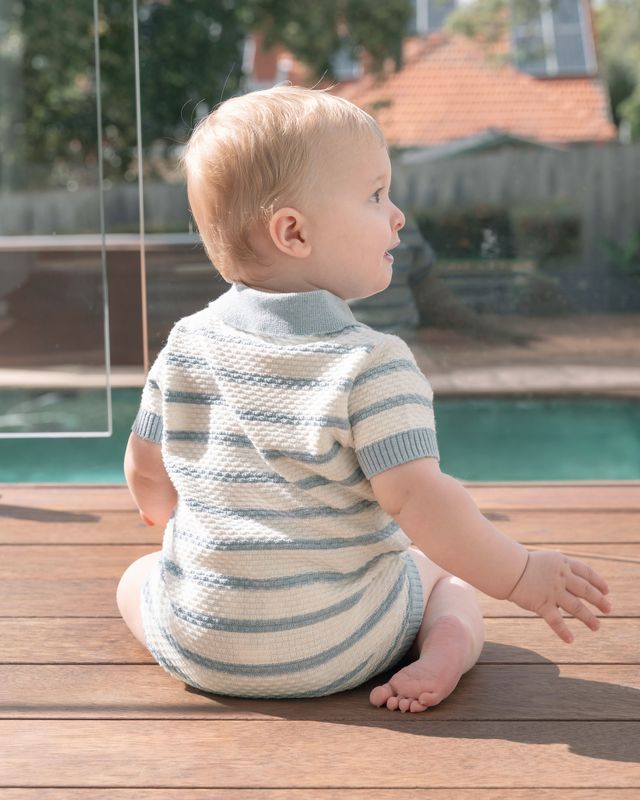 Brady Knitted Polo Romper - Blue Stripe