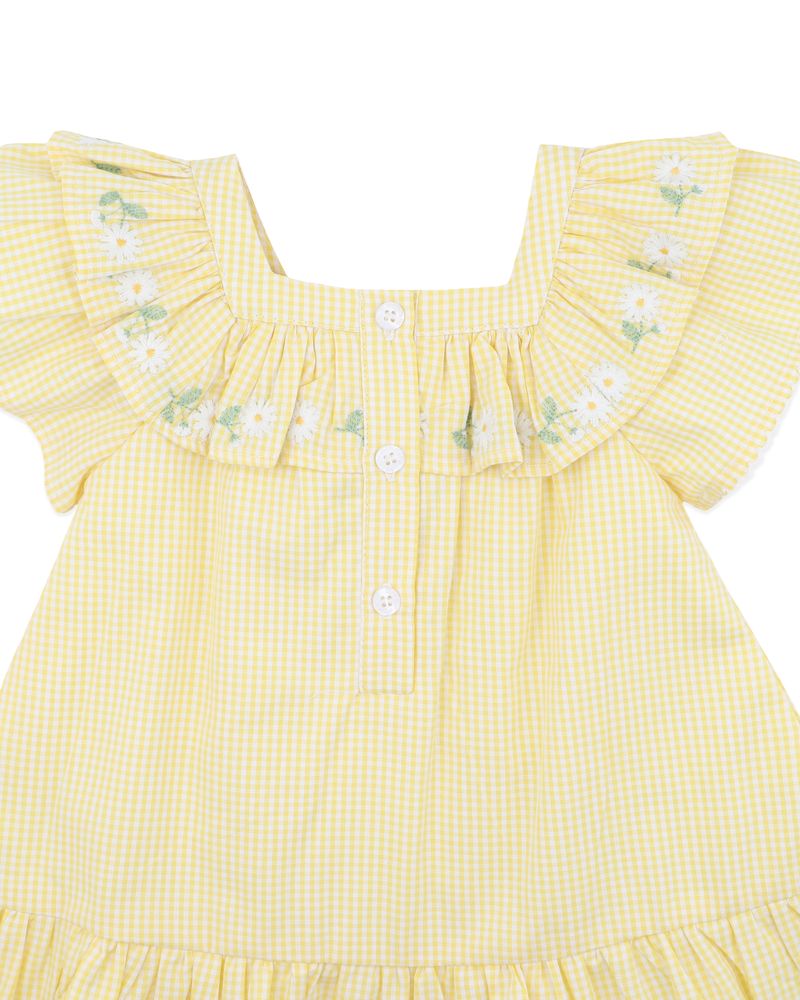 Libby Check Dress w Emb Yoke - Yellow Check