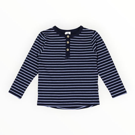 Striped Cotton Henley Top - Blue