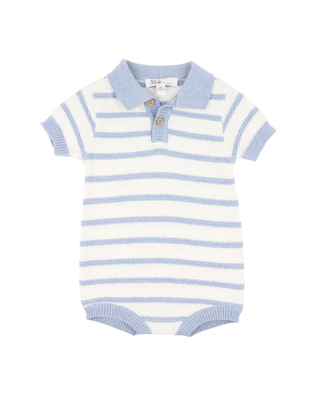 Brady Knitted Polo Romper - Blue Stripe