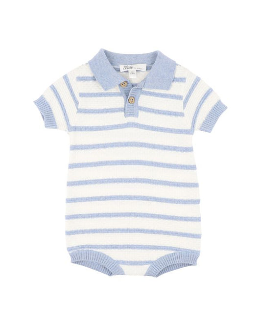 Brady Knitted Polo Romper - Blue Stripe