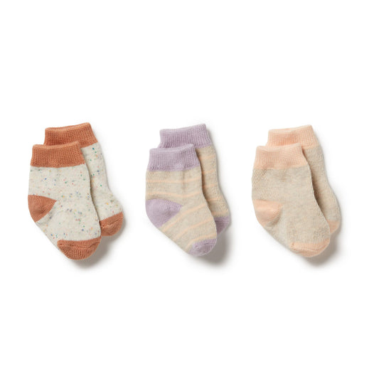 Organic 3 Pack Baby Socks - Cream Tan/ Lilac Ash/ Cameo Rose