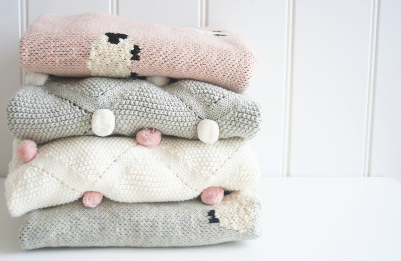 Pom Pom Organic Knit Baby Blanket - Pink