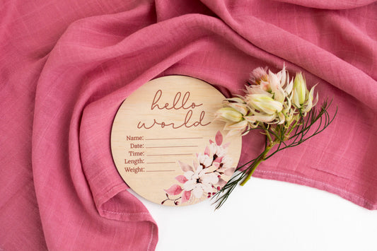 Hello World Floral Wooden Birth Disc