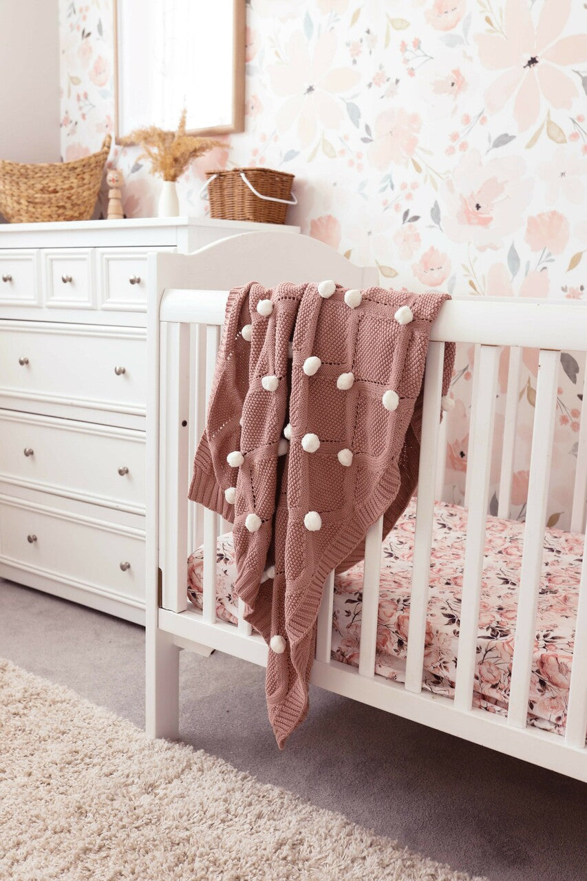 Pom Pom Organic Knit Baby Blanket - Blossom Ivory