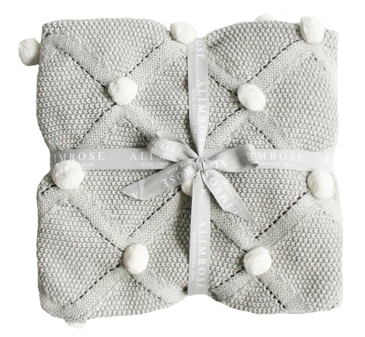Pom Pom Organic Knit Baby Blanket - Grey