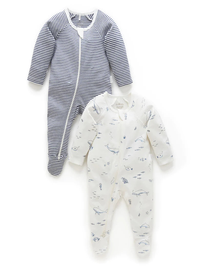 Purebaby 2 Pk Zip Growsuit - Vanilla Nautical
