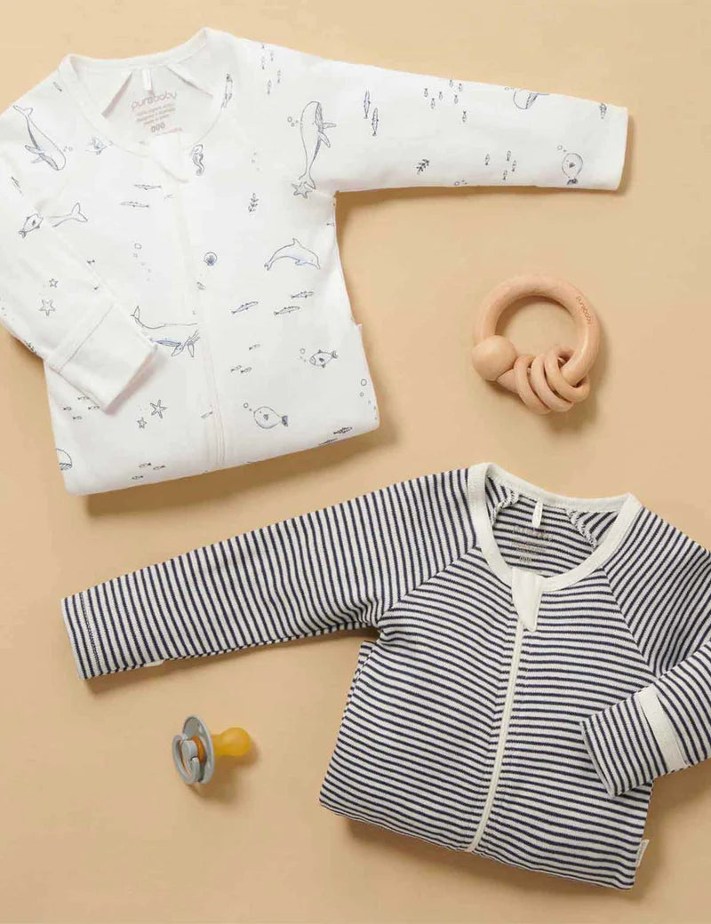 Purebaby 2 Pk Zip Growsuit - Vanilla Nautical