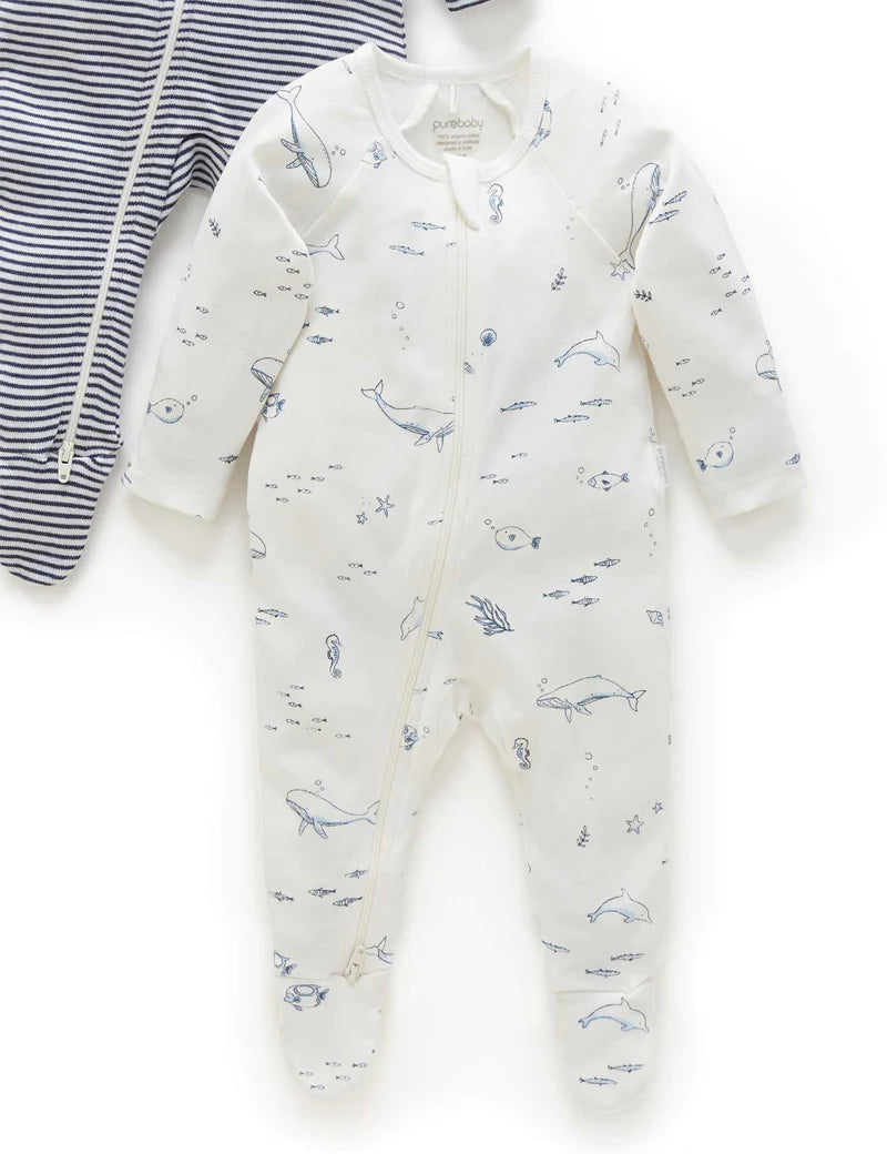 Purebaby 2 Pk Zip Growsuit - Vanilla Nautical