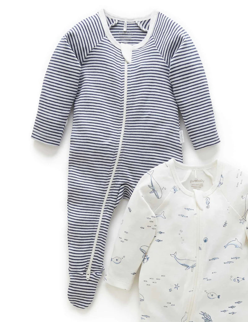 Purebaby 2 Pk Zip Growsuit - Vanilla Nautical