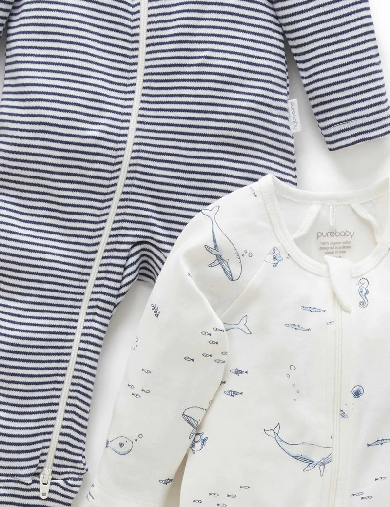 Purebaby 2 Pk Zip Growsuit - Vanilla Nautical