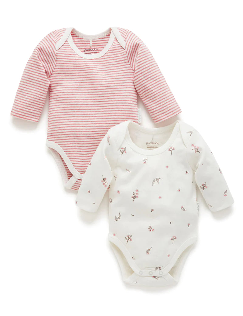 Purebaby Easy Neck L/S Bodysuit 2pk - Vanilla Blossom