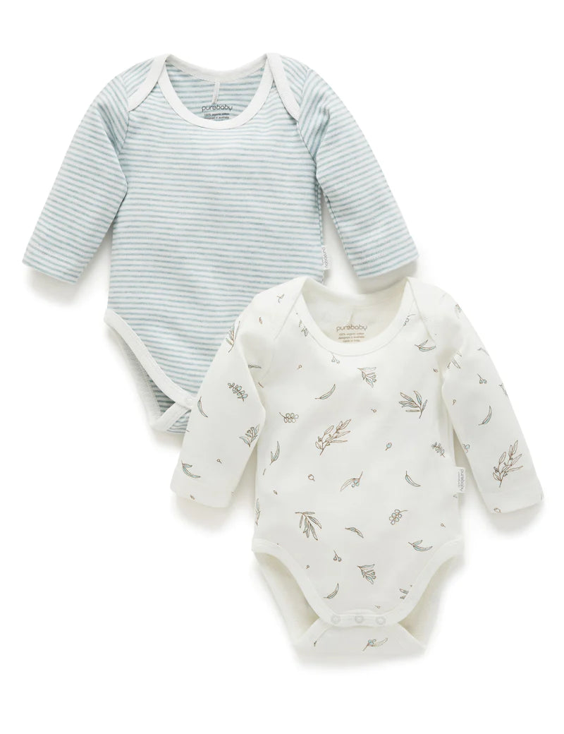 Purebaby Easy Neck L/S Bodysuit 2 Pk - Vanilla Eucalyptus