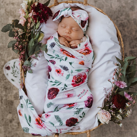Snuggle Hunny - Peony Bloom Jersey Wrap and Topknot Set