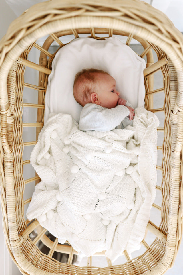 Pom Pom Organic Knit Baby Blanket - All Ivory